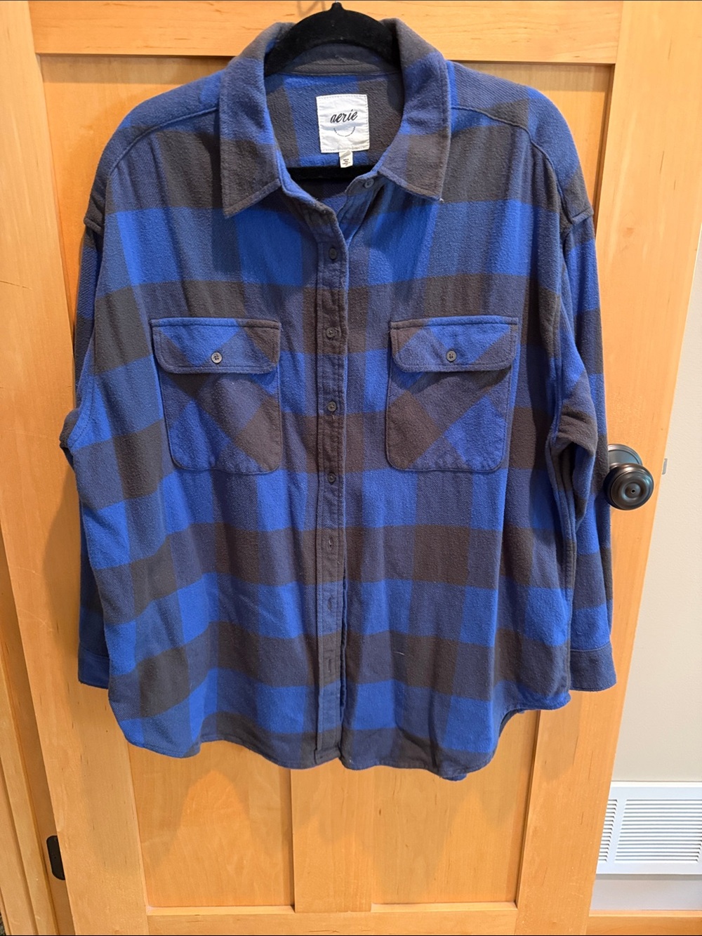 aerie Women's Blue and Gray Plaid Button-Up Fleece Shirt-oversized fit